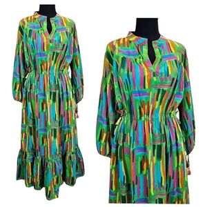 Harringtons Cotton Colorful Brushstroke Ruffle Midi Dress Medium Kelly Green